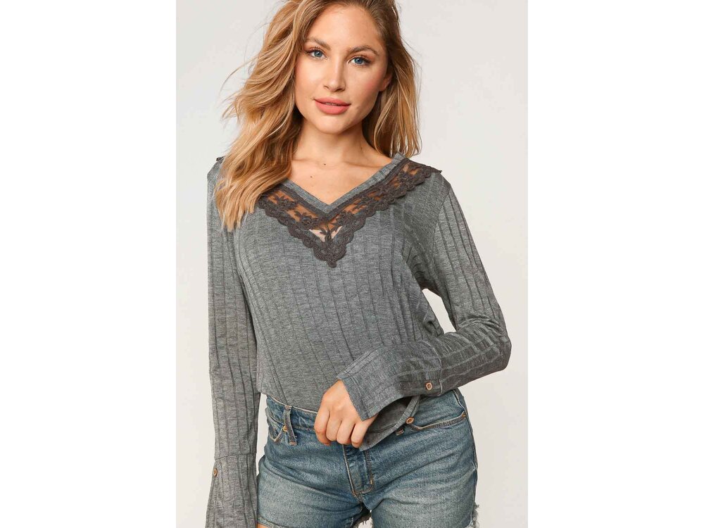 Sugarfox Ribbed V-Neck with Lace Trim Neck- Grey-