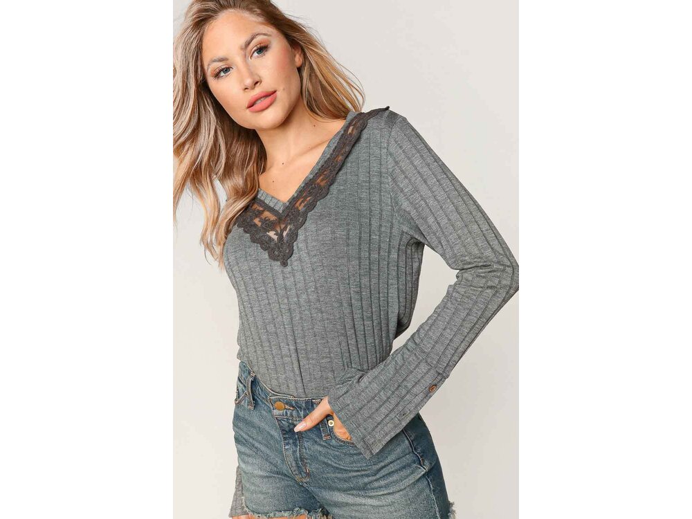 Sugarfox Ribbed V-Neck with Lace Trim Neck- Grey-