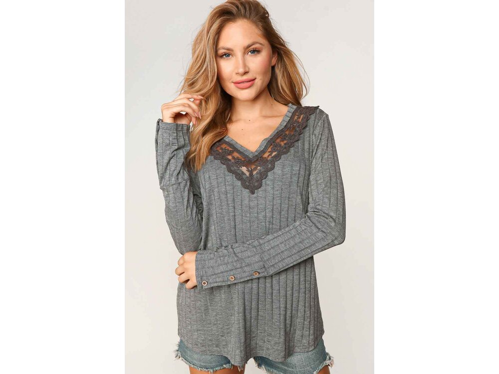 Sugarfox Ribbed V-Neck with Lace Trim Neck- Grey-