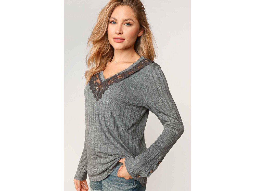 Sugarfox Ribbed V-Neck with Lace Trim Neck- Grey-