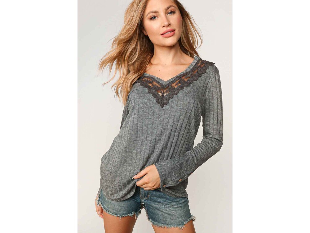 Sugarfox Ribbed V-Neck with Lace Trim Neck- Grey-