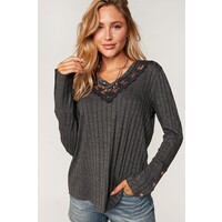 PLUS- Ribbed V-Neck with Lace Trim Neck- Charcoal-