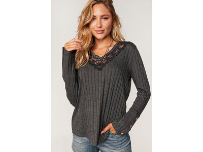 Sugarfox PLUS- Ribbed V-Neck with Lace Trim Neck- Charcoal-