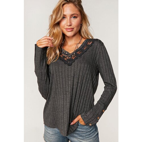 Sugarfox PLUS- Ribbed V-Neck with Lace Trim Neck- Charcoal-