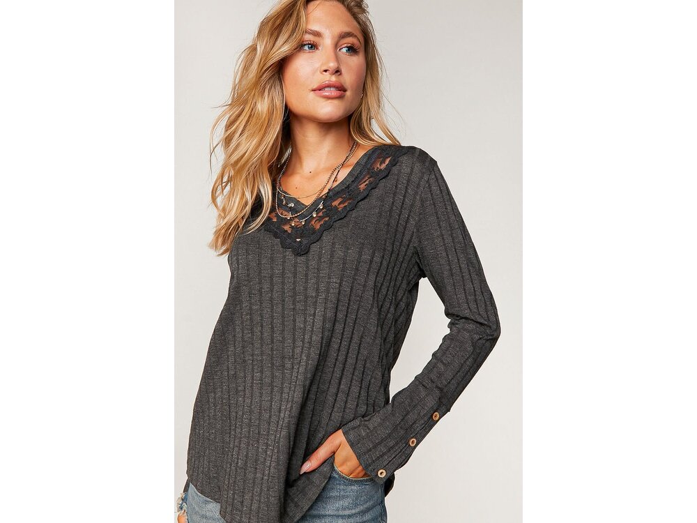 Sugarfox PLUS- Ribbed V-Neck with Lace Trim Neck- Charcoal-