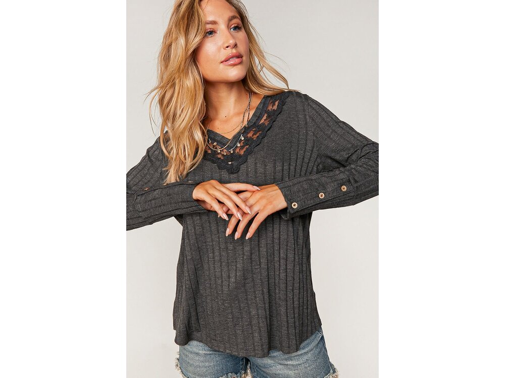 Sugarfox PLUS- Ribbed V-Neck with Lace Trim Neck- Charcoal-