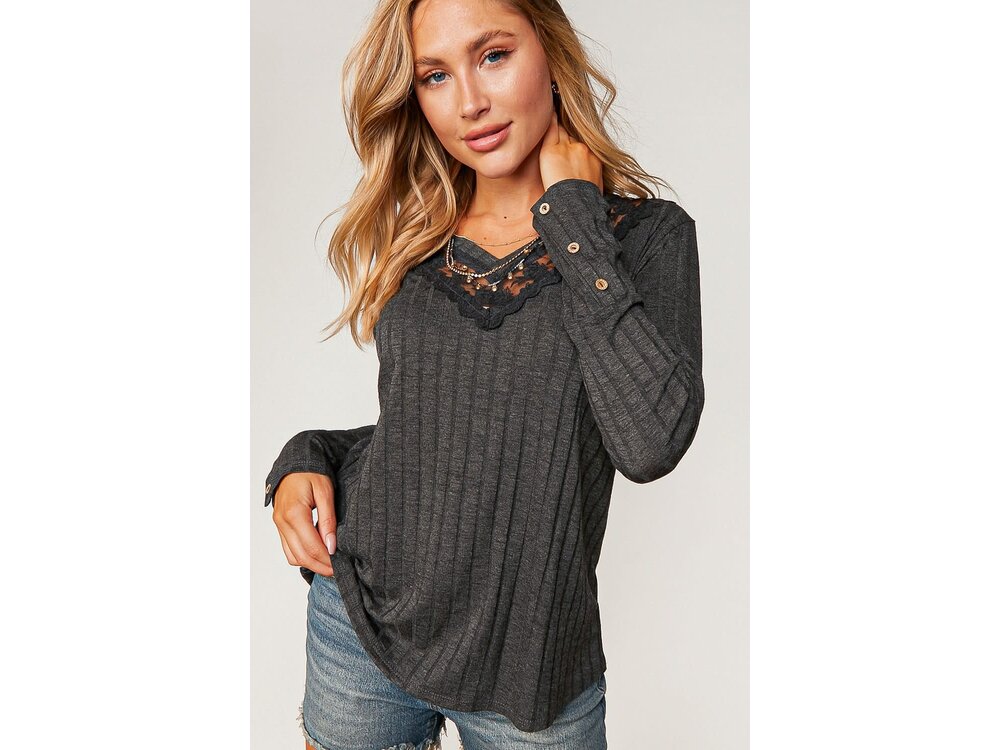 Sugarfox PLUS- Ribbed V-Neck with Lace Trim Neck- Charcoal-