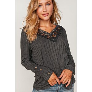 Sugarfox PLUS- Ribbed V-Neck with Lace Trim Neck- Charcoal-