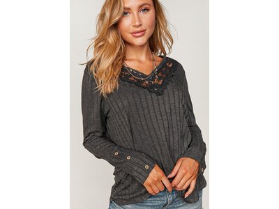 Sugarfox PLUS- Ribbed V-Neck with Lace Trim Neck- Charcoal-