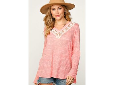 Sugarfox V-Neck Sweater with Lace Neck Details- Coral