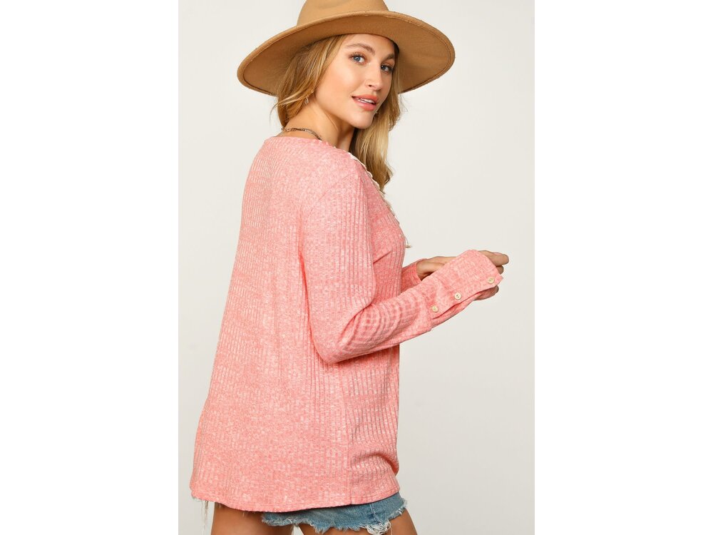 Sugarfox V-Neck Sweater with Lace Neck Details- Coral