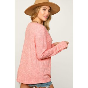 Sugarfox V-Neck Sweater with Lace Neck Details- Coral