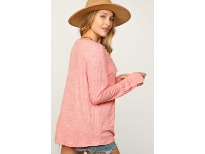 Sugarfox V-Neck Sweater with Lace Neck Details- Coral