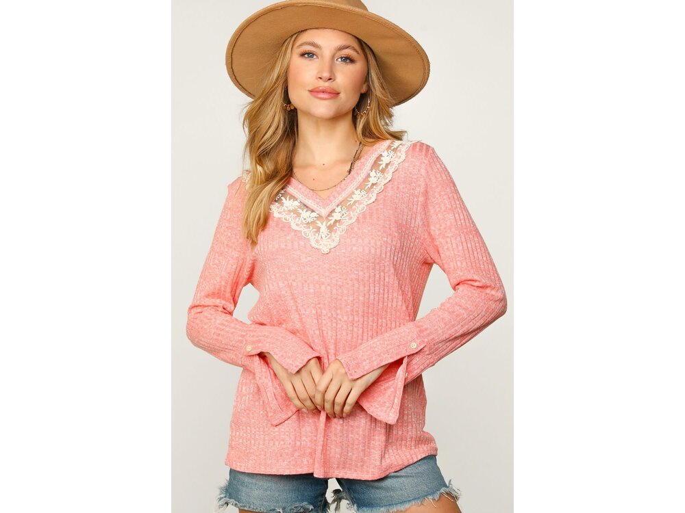 Sugarfox V-Neck Sweater with Lace Neck Details- Coral