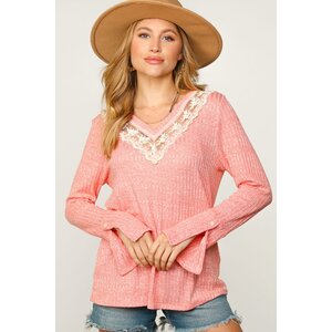 Sugarfox V-Neck Sweater with Lace Neck Details- Coral