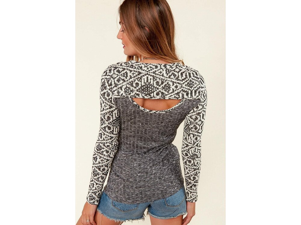 Sugarfox PLUS- Aztec Colorblock Cut-Out Long Sleeve-