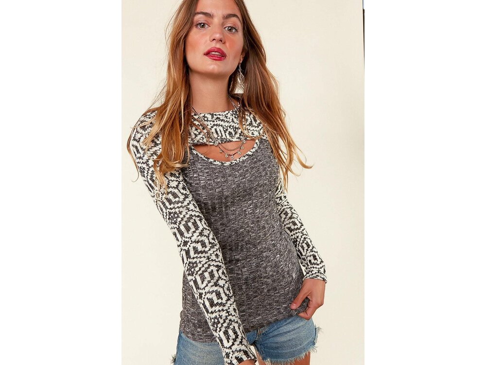 Sugarfox PLUS- Aztec Colorblock Cut-Out Long Sleeve-