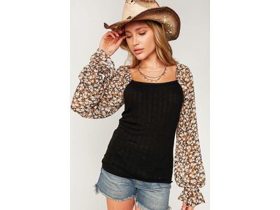 Sugarfox PLUS- Ribbed Balloon Floral Sleeve Top- Black-