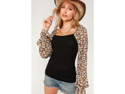 Sugarfox PLUS- Ribbed Balloon Floral Sleeve Top- Black-