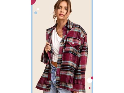 La Miel Hailee Plaid Shacket- Maroon/Plum