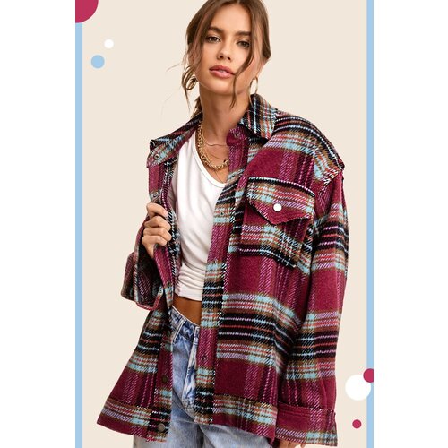 La Miel Hailee Plaid Shacket- Maroon/Plum