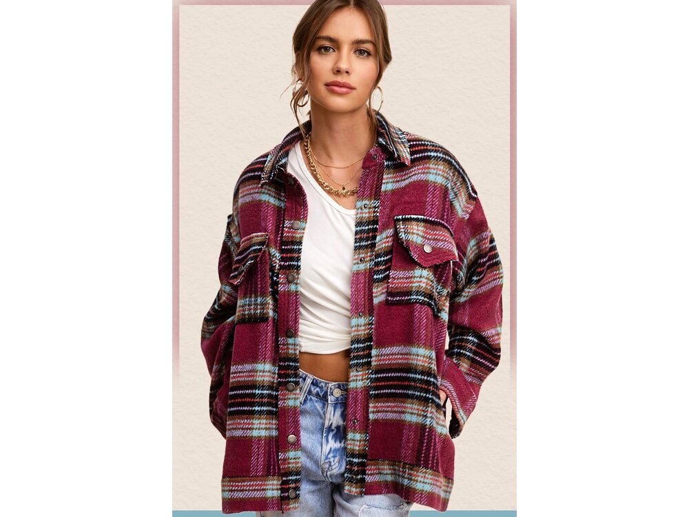 La Miel Hailee Plaid Shacket- Maroon/Plum