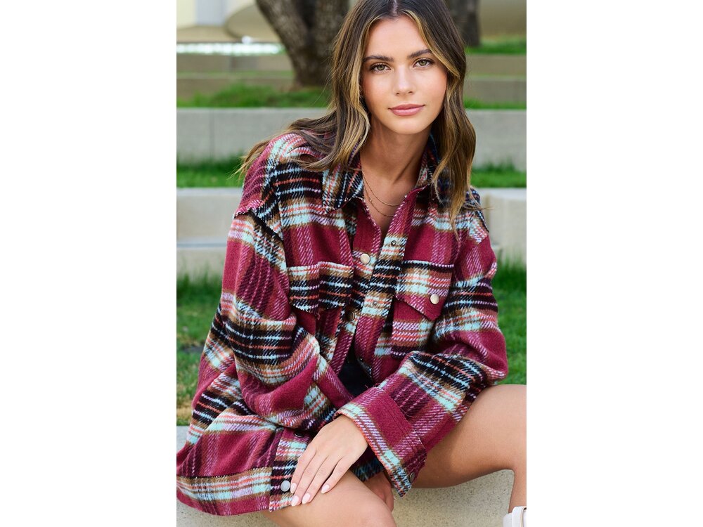 La Miel Hailee Plaid Shacket- Maroon/Plum