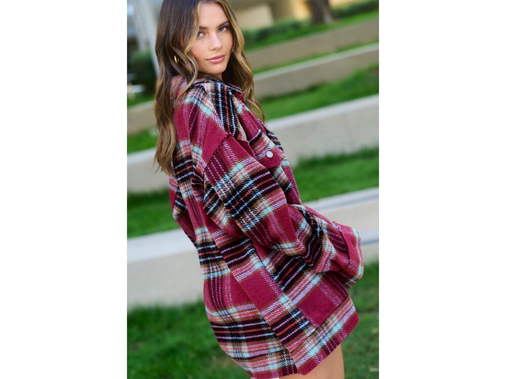 La Miel Hailee Plaid Shacket- Maroon/Plum