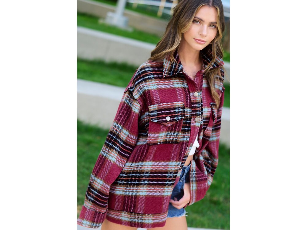 La Miel Hailee Plaid Shacket- Maroon/Plum