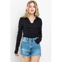 Textured Fitted V-Neck Long Sleeve-