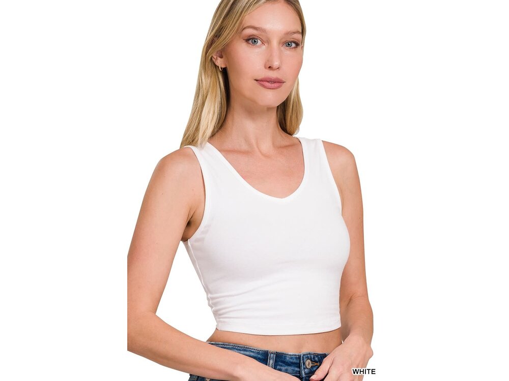 V-Neck Stretch Cropped Cami- White-