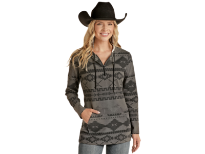 Powder River Outfitters Aztec Knit Hoodie- Grey-
