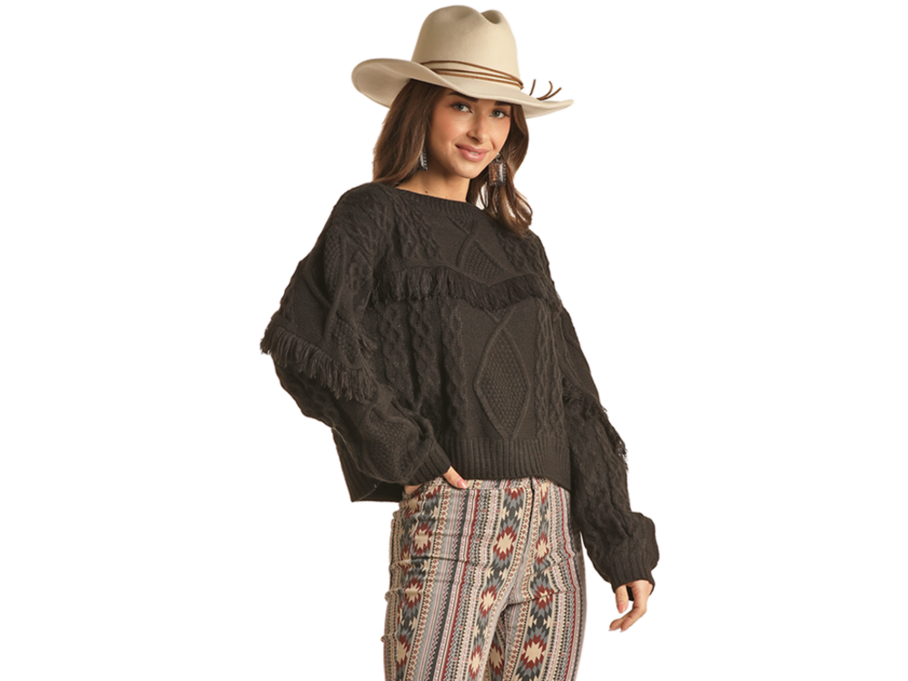 Rock and Roll Denim Fringe Cable Sweater- RRWT32R04R