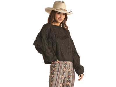 Rock and Roll Denim Fringe Cable Sweater- RRWT32R04R