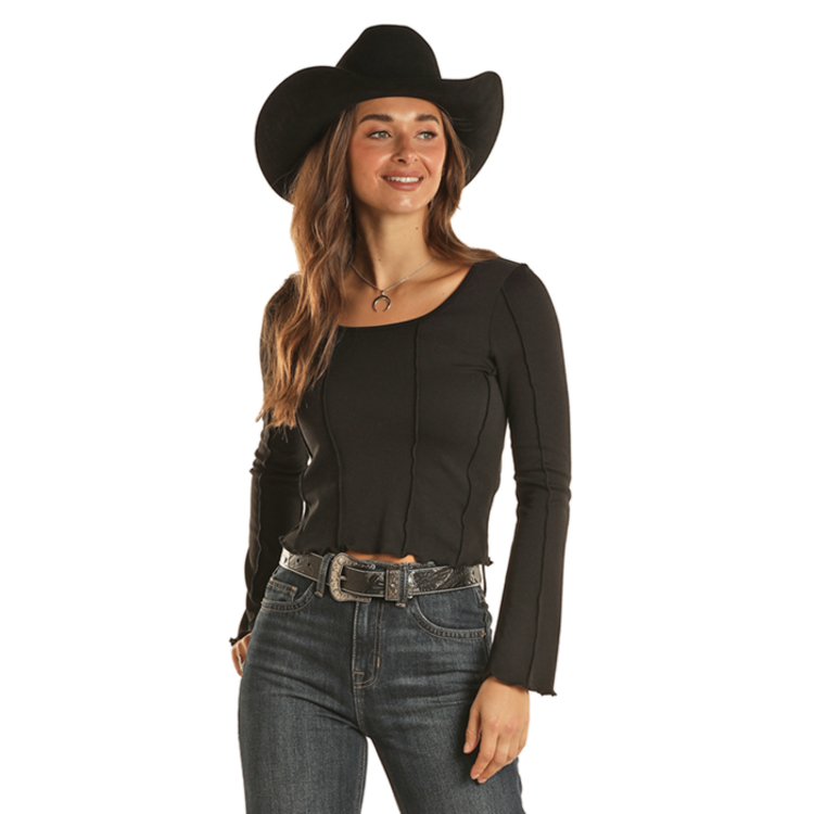 Rock and Roll Denim Long Sleeve with Seams- BW22T02013- Black