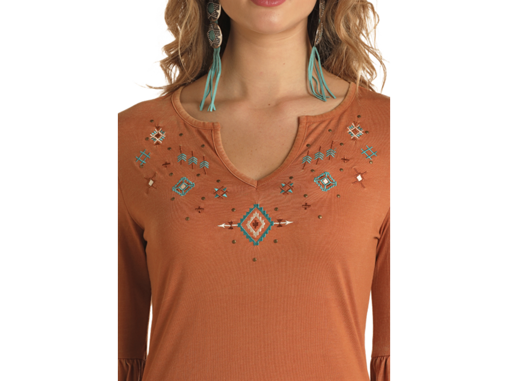 Rock and Roll Denim Embroidered Bell Sleeve Top- LW52T02911