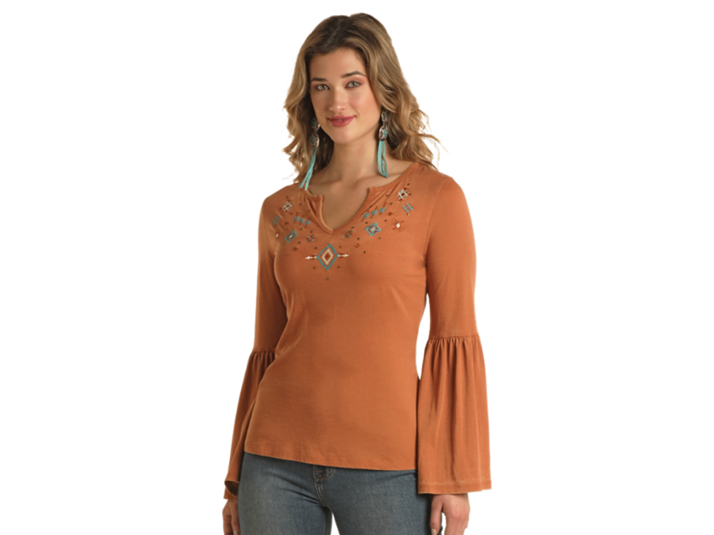 Rock and Roll Denim Embroidered Bell Sleeve Top- LW52T02911