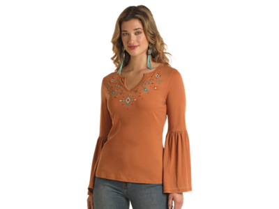 Rock and Roll Denim Embroidered Bell Sleeve Top- LW52T02911