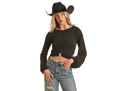 Rock and Roll Denim Crop Top with Metal Piece- BW52T02694