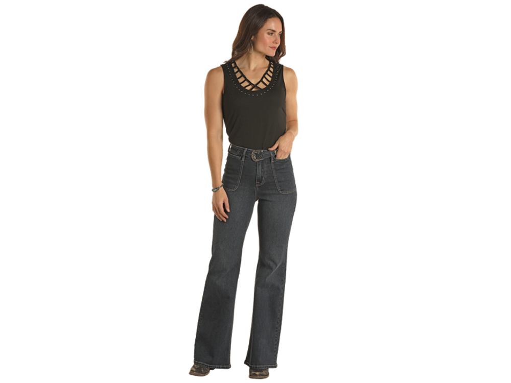 Rock and Roll Denim Strappy Rhinestone Tank- LW20T02899