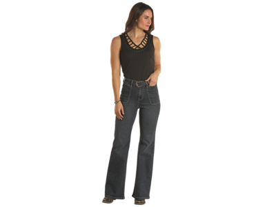 Rock and Roll Denim Strappy Rhinestone Tank- LW20T02899