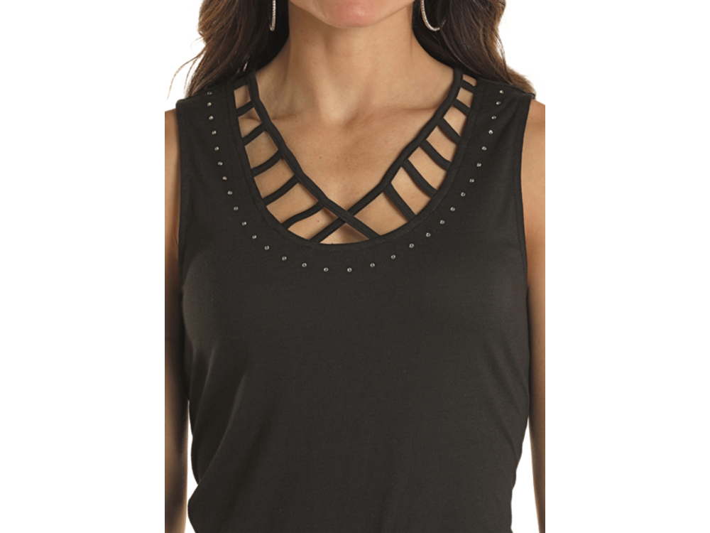 Rock and Roll Denim Strappy Rhinestone Tank- LW20T02899