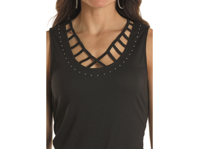 Rock and Roll Denim Strappy Rhinestone Tank- LW20T02899