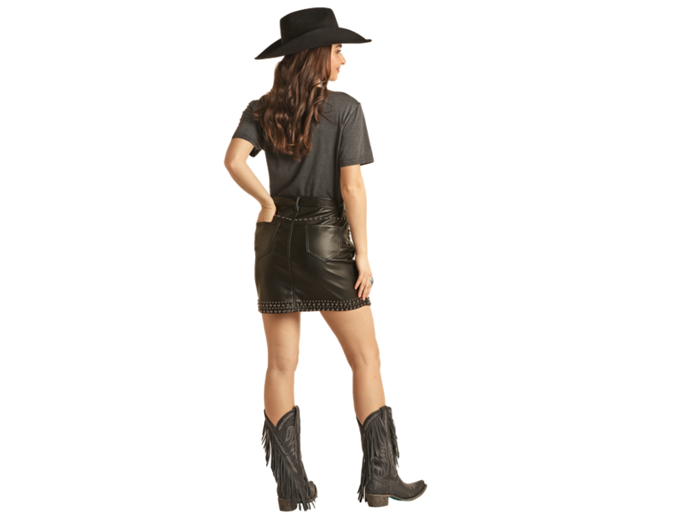 Rock and Roll Denim Black Leather Studded Skirt- BW69D03031