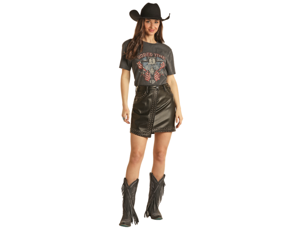 Rock and Roll Denim Black Leather Studded Skirt- BW69D03031
