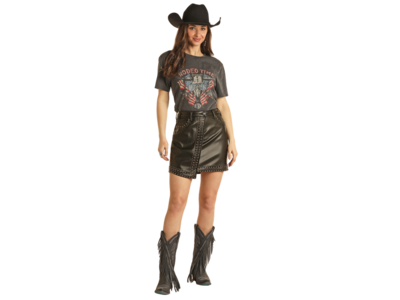 Rock and Roll Denim Black Leather Studded Skirt- BW69D03031