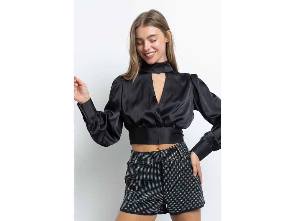 Satin Wrap Blouse- Black