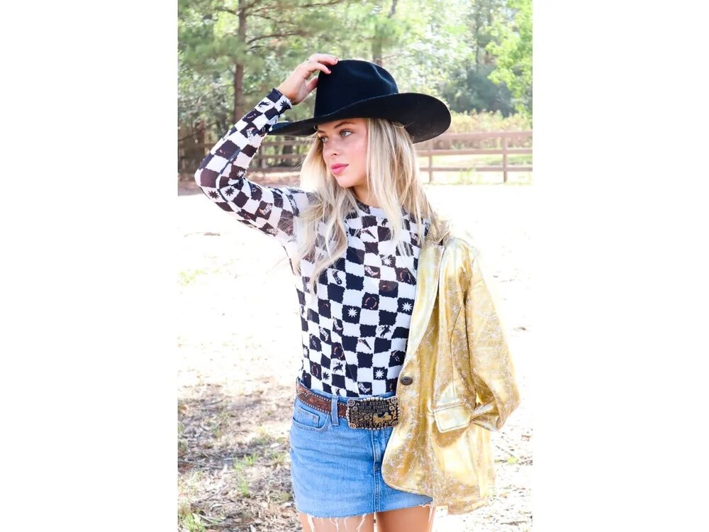 Merigold Kiss Checkered Mesh Western Shirt