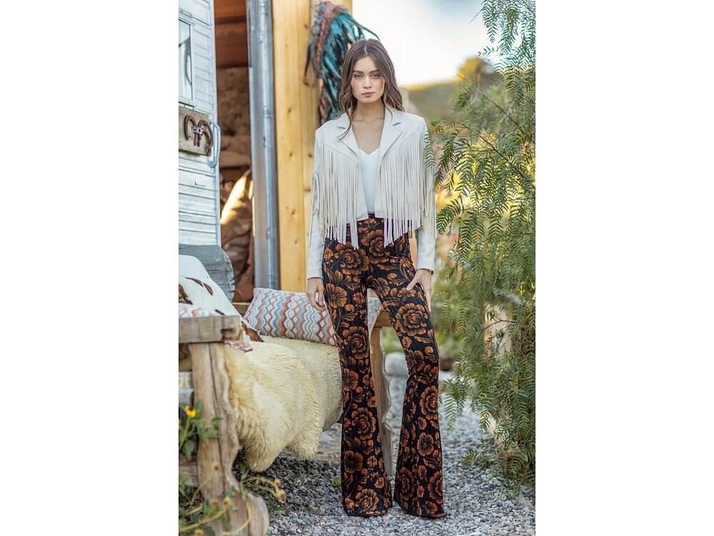 Reverof Velvet Floral Black Flare Pants