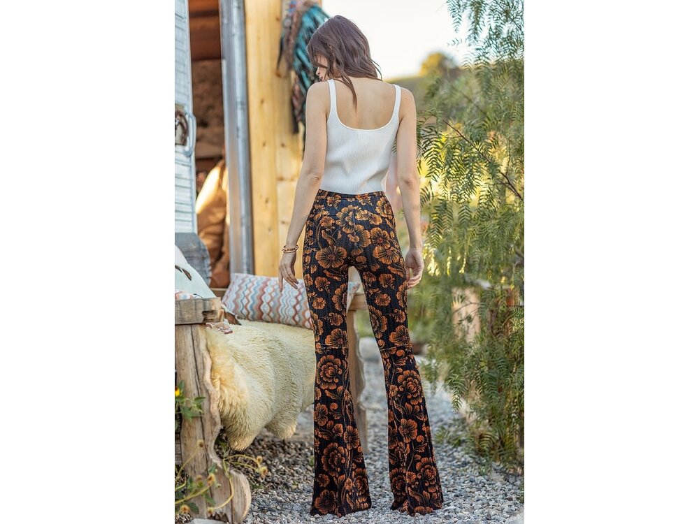 Reverof Velvet Floral Black Flare Pants